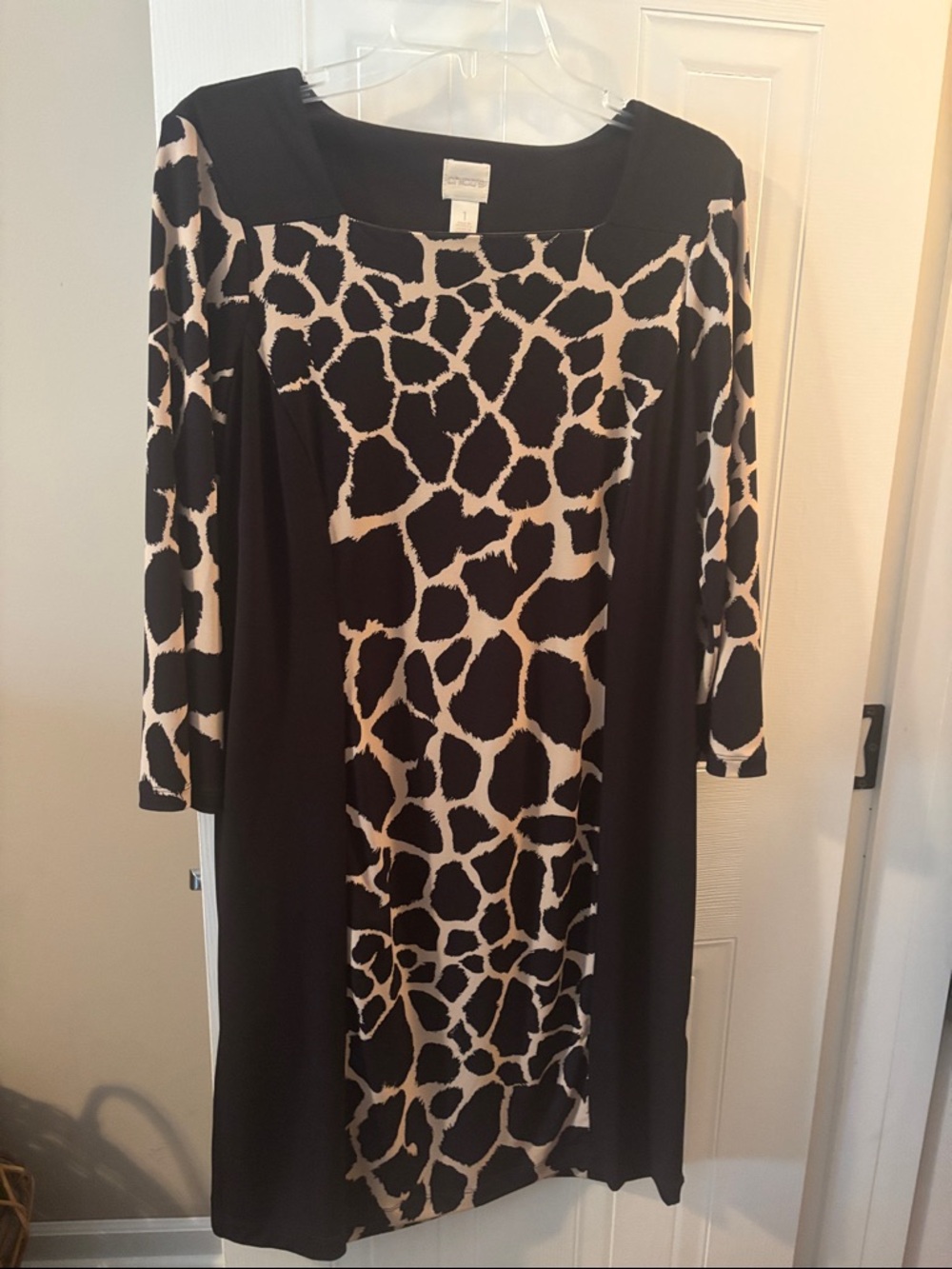 Chico's Black and Cream Animal-Print Long Sleeve Dress